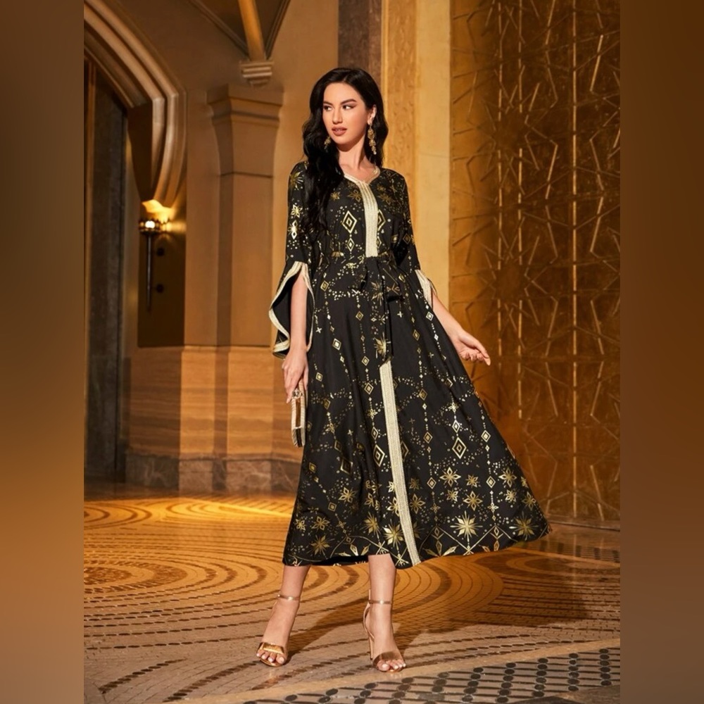 Gold Argyle Print Contrasts Tape Split Cuff Belted Kaftan - Picture 6 of 6